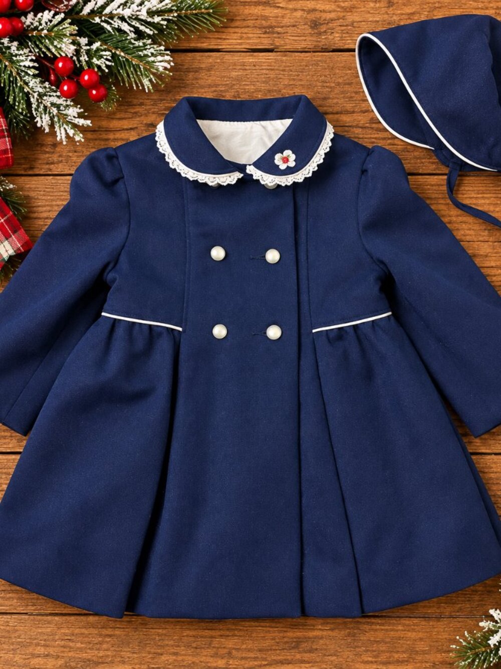 Vintage 70s/80s Cute Togs Navy Double Breasted Coat & Bonnet Set 2T Made in USA